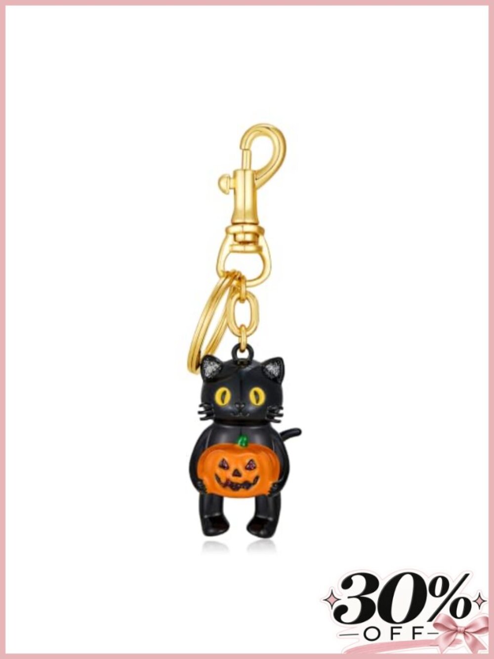 Halloween Black Cat Keychain with Pumpkin Purse Bag Charm Gold-Tone Brass